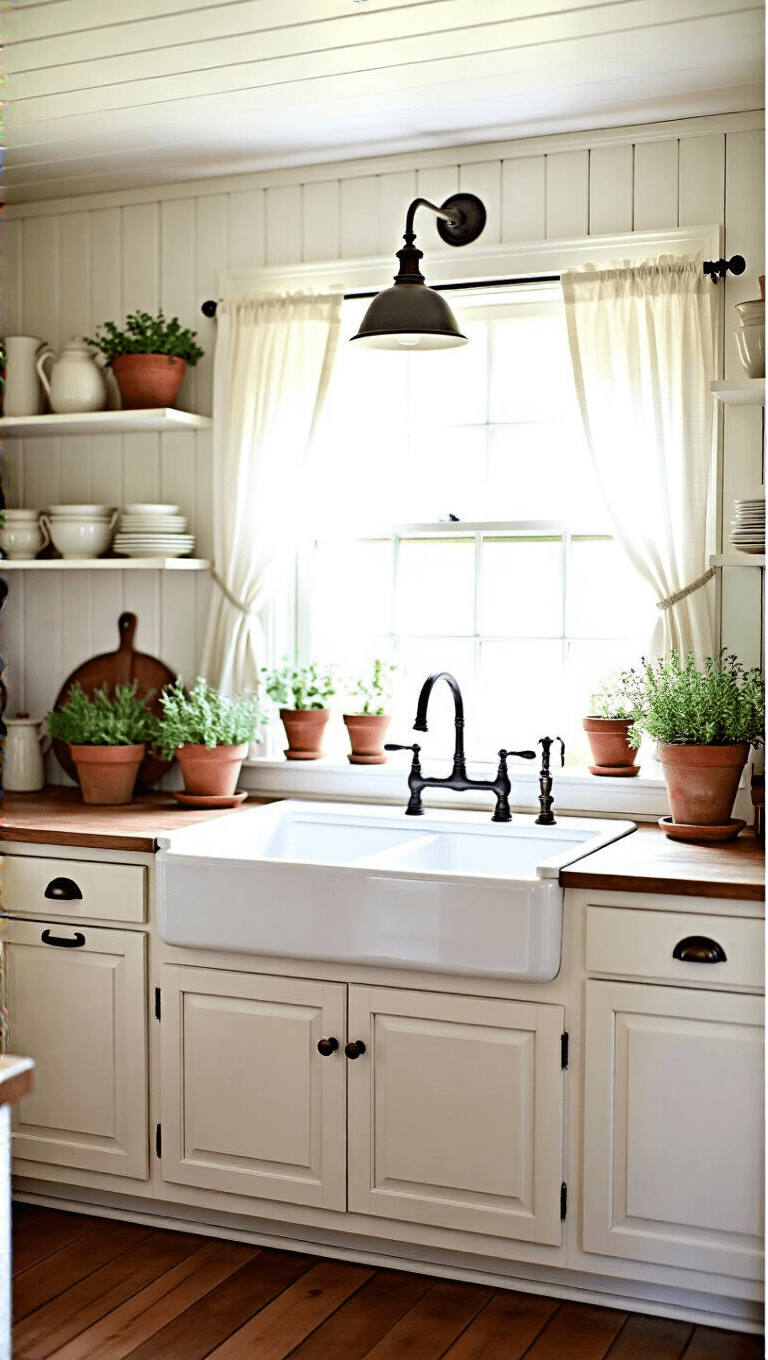 Cozy farmhouse kitchen with creamy white cabinets, terracotta pots on windowsill, vintage ironstone on open shelving, and morning sunlight highlighting the mix of aged metal and worn wood textures.