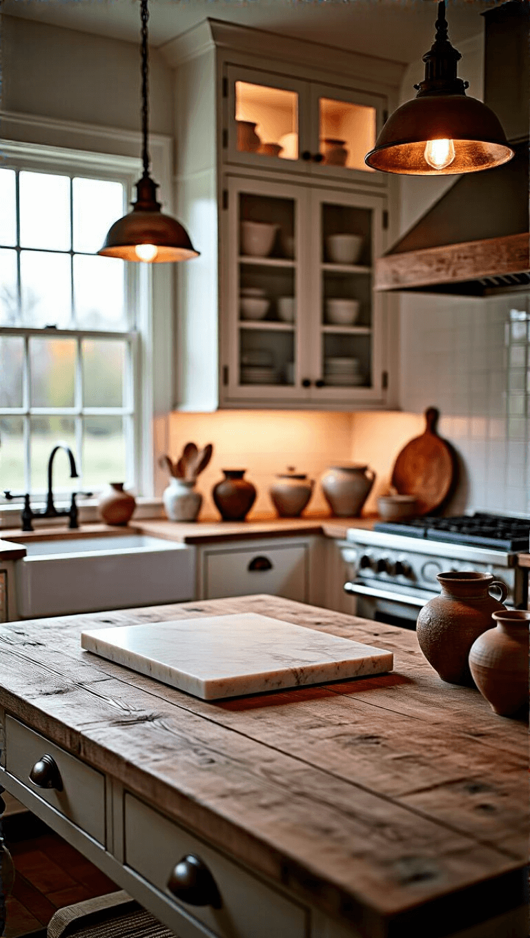 Farmhouse kitchen at dusk with soft white cabinets, weathered wooden prep table, marble pastry board and artisanal pottery under warm accent lighting, showcasing close-up textural details of wood, copper and linen