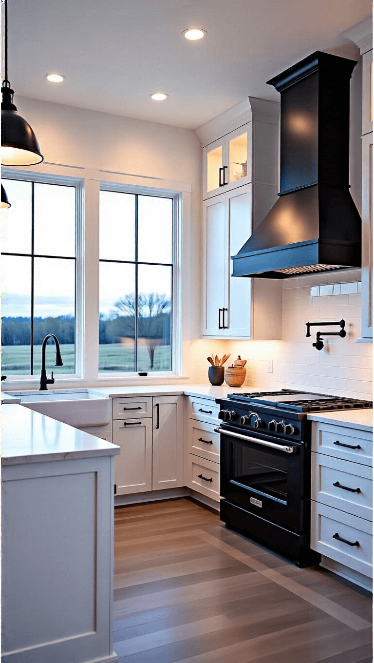 Dramatic twilight scene in a modern farmhouse kitchen with white cabinets, black hardware, large windows with rural views, and contemporary pendant lights casting shadows, captured with a tilt-shift lens.