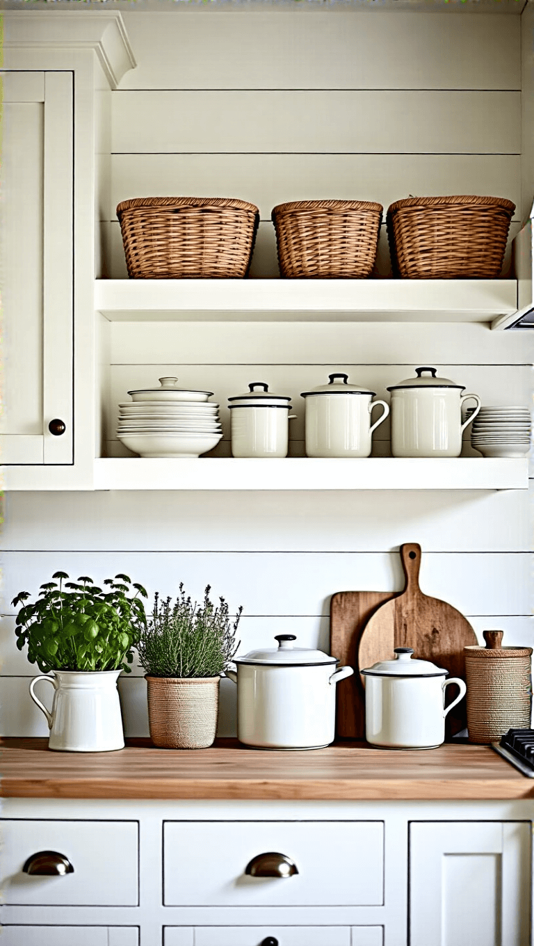 Vintage kitchen detail with white cabinet, open shelving vignette, enamelware collection, natural fiber baskets, potted herbs and cutting boards against shiplap walls