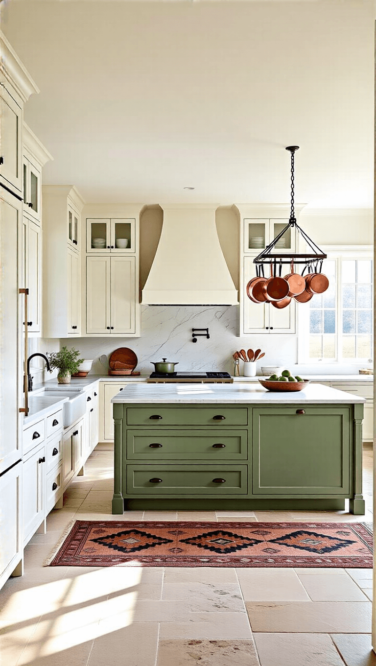 Aerial view of an L-shaped farmhouse kitchen with white cabinets, sage green island, marble countertops, vintage runner on limestone flooring, and hanging copper pots under afternoon light.