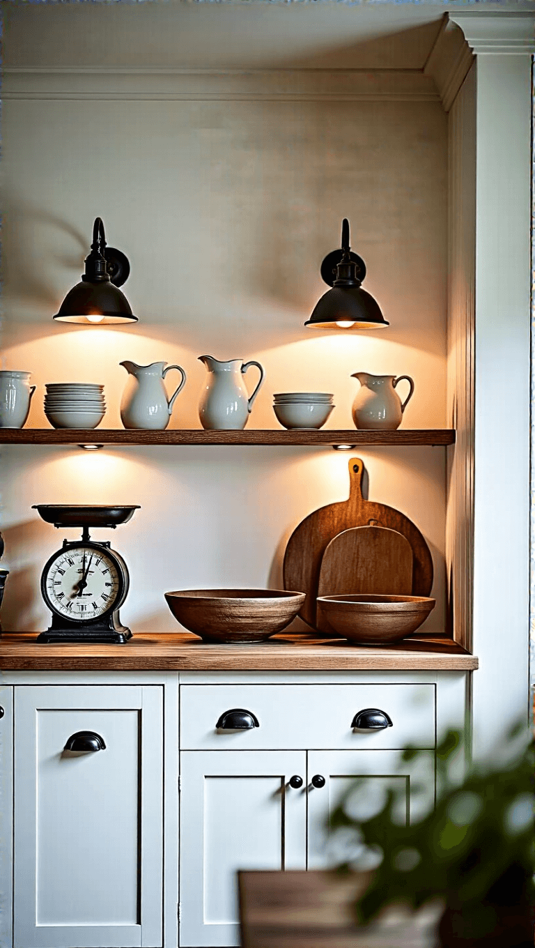 White galley farmhouse kitchen with black iron hardware, open shelving with kitchenware, vintage scale and bread board under atmospheric evening light