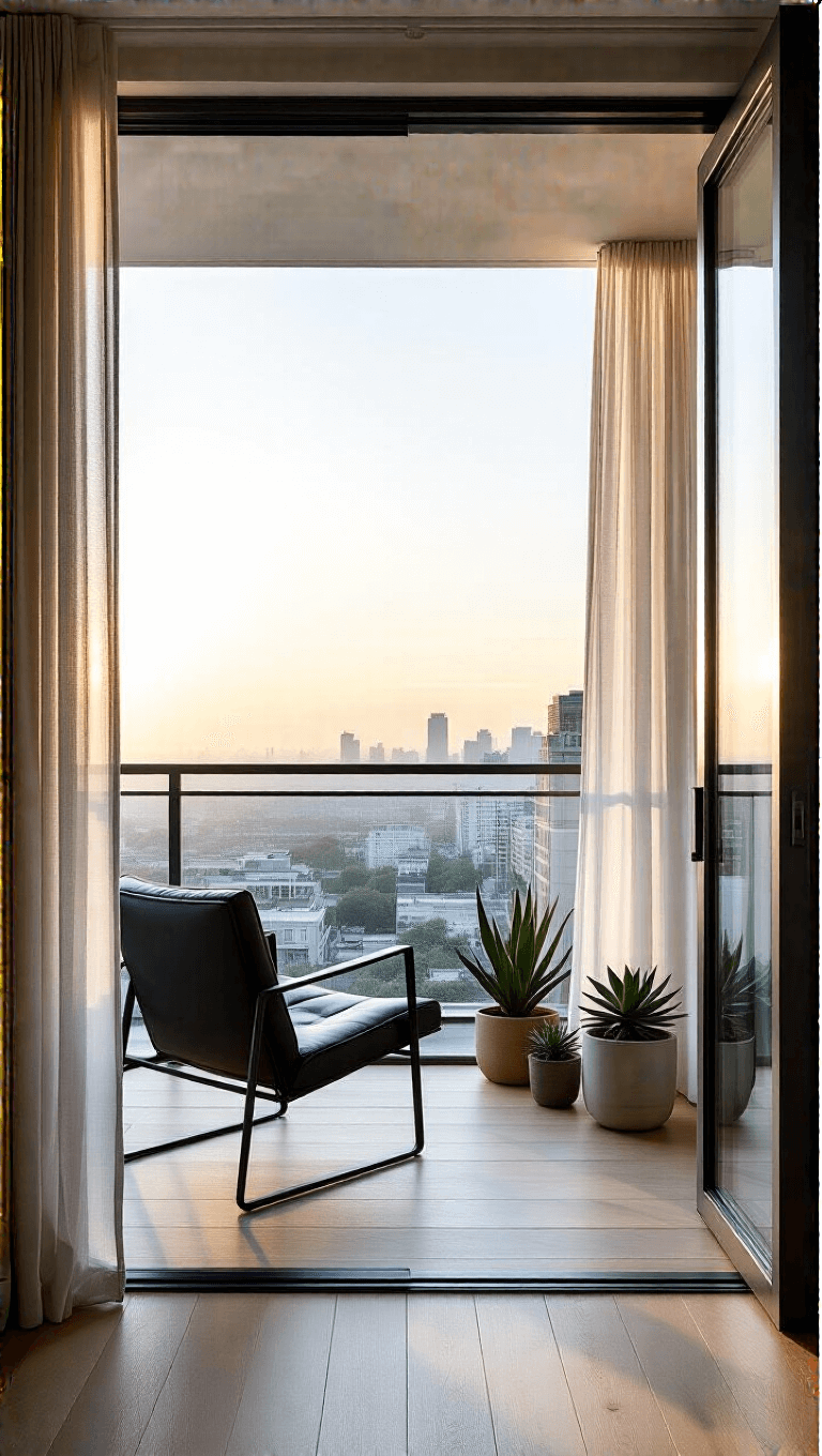 Minimalist bedroom balcony transition featuring Barcelona chair, potted succulents, and city views through floor-to-ceiling drapery-lit glass at sunrise.