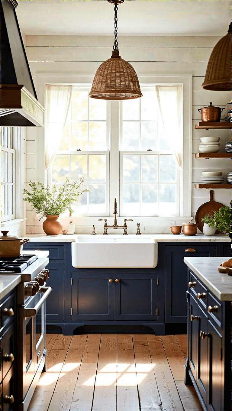 Sunny farmhouse kitchen with white shiplap walls, white oak floors, marble countertops, cream cabinets with brass hardware, navy kitchen island with copper cookware, and natural pendant lights illuminated by golden hour light.