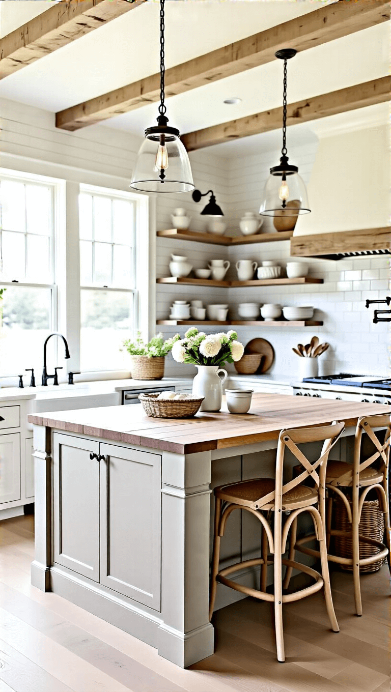 Early morning light illuminating a farmhouse kitchen with Dover White walls, exposed beams, a Fall Chill painted island with white oak stools, open shelves with vintage tableware, white subway tile backsplash, and vintage-style sconces. Styled with fresh flowers and enamelware.