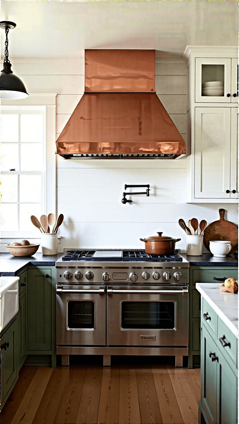 Country-style kitchen at dusk with white and green cabinetry, soapstone counters, professional range with copper hood, and vintage lighting. Decorated with cast iron cookware, pottery mixing bowls, and dried herbs.