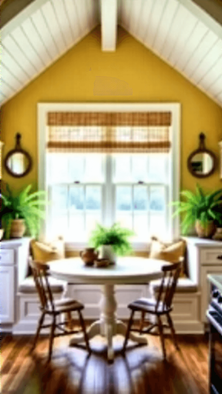Sunny breakfast nook in farmhouse kitchen with yellow window seat, greige walls, distressed white table with Windsor chairs, and vintage décor, under a cathedral ceiling with whitewashed beams.