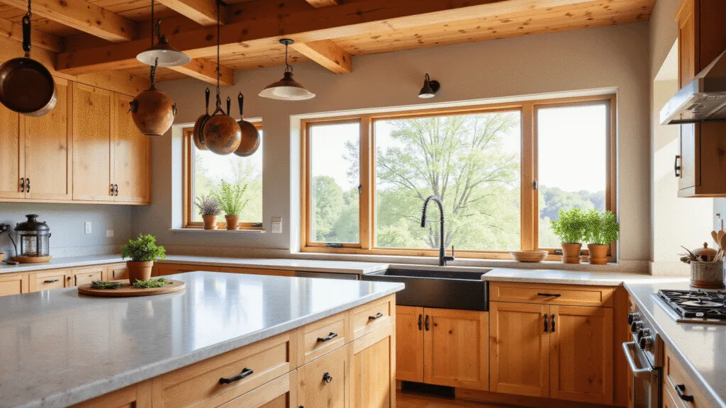 "Rustic alder wood kitchen in a farmhouse with marble countertops, copper cookware, and fresh herbs in morning sunlight"