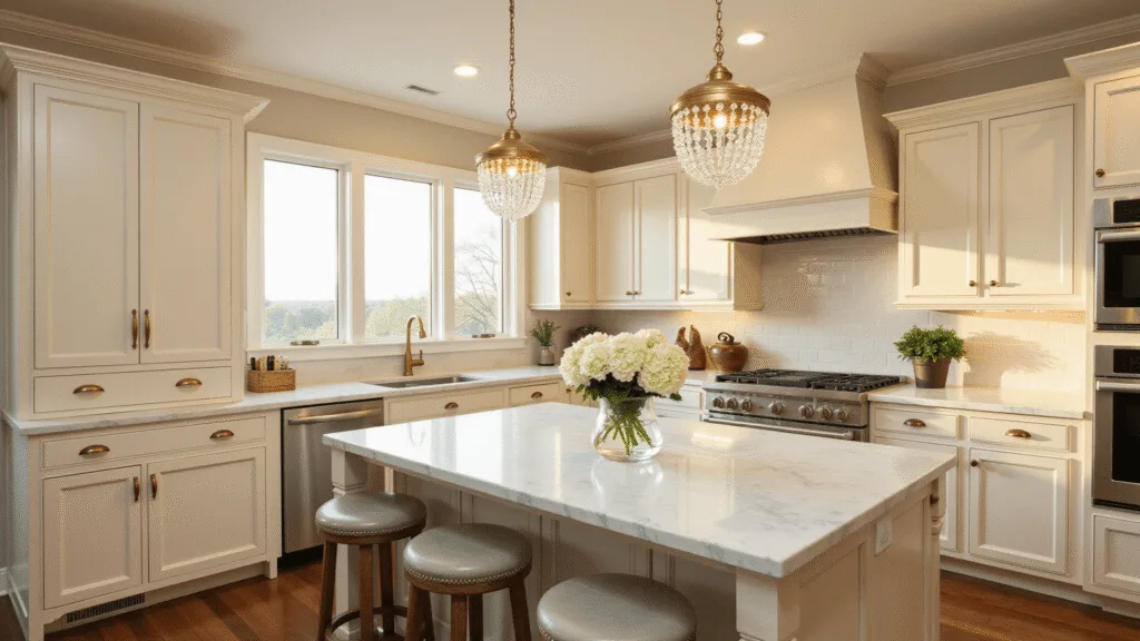 "Luxurious kitchen with antique white cabinets, Carrara marble countertops, brass hardware, walnut floors and golden sunlight streaming through windows."