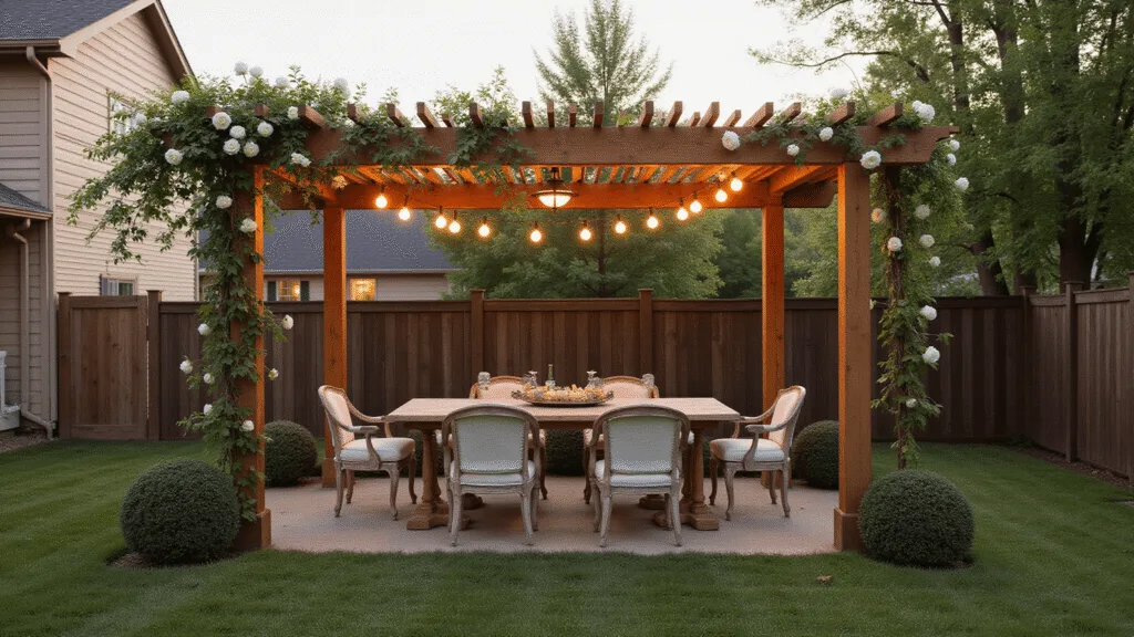 "Backyard cedar pergola adorned with white roses and string lights at golden hour, with a teak dining set underneath"