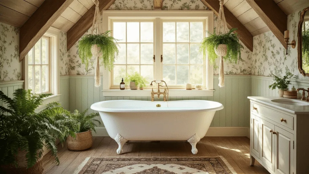 "Sunlit cottagecore bathroom with clawfoot tub, brass fixtures, floral wallpaper and hanging ferns, featuring wooden beams and Persian rug on reclaimed wood flooring"
