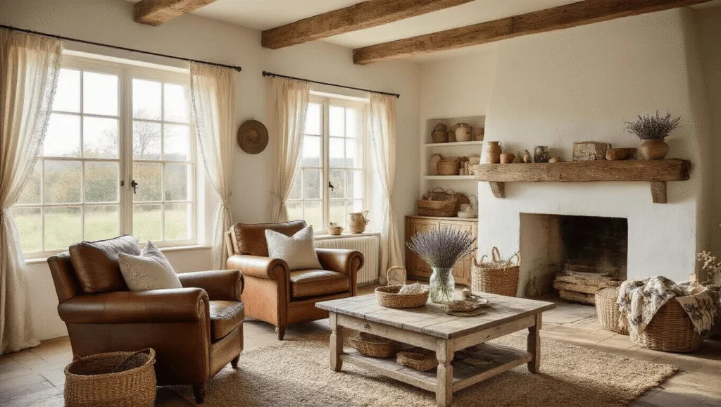 "Cozy farmhouse living room with vintage furniture, a stone fireplace, wooden beams, and warm, soft lighting"