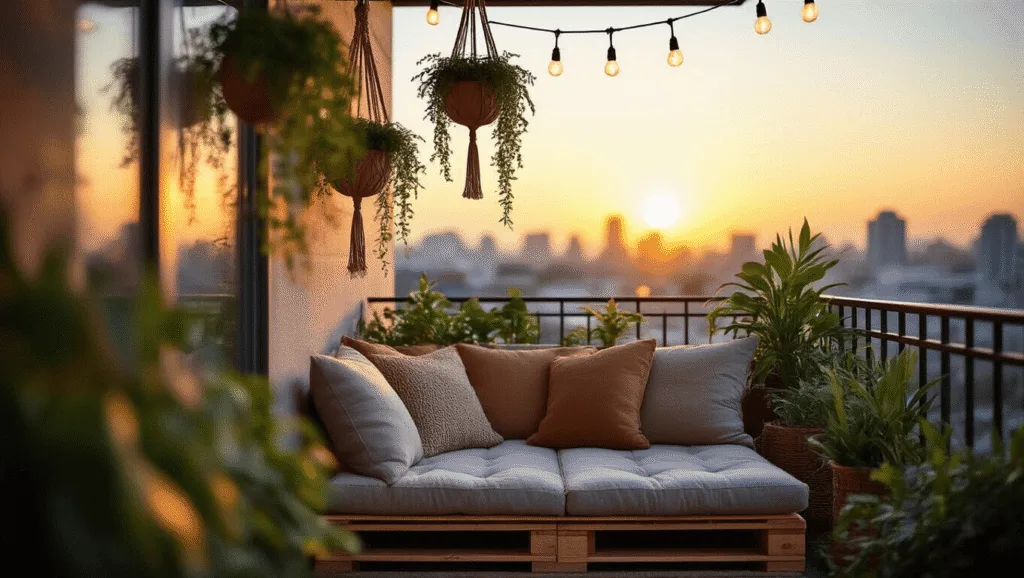 "Cozy urban balcony with pallet loveseat, string lights, macramé plants at sunset with cityscape backdrop"