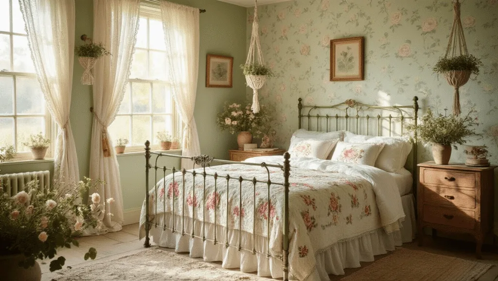 "Sunlit vintage cottagecore bedroom with floral quilts, sage green walls, antique furniture, and macramé plant holders"