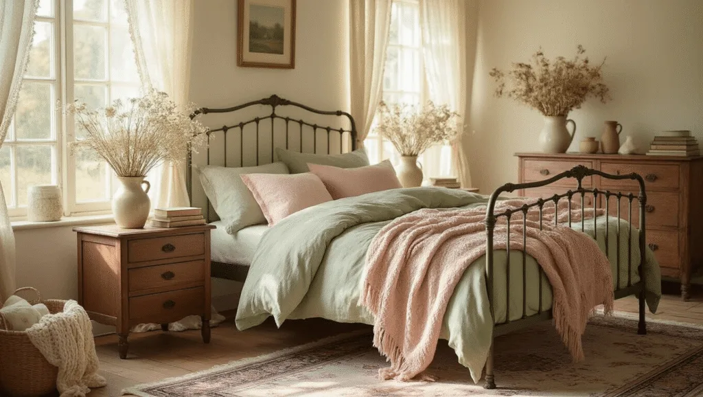 "Vintage cottagecore bedroom with sage green and blush pink bedding, antique furniture, dried flowers, and morning light filtering through lace curtains"