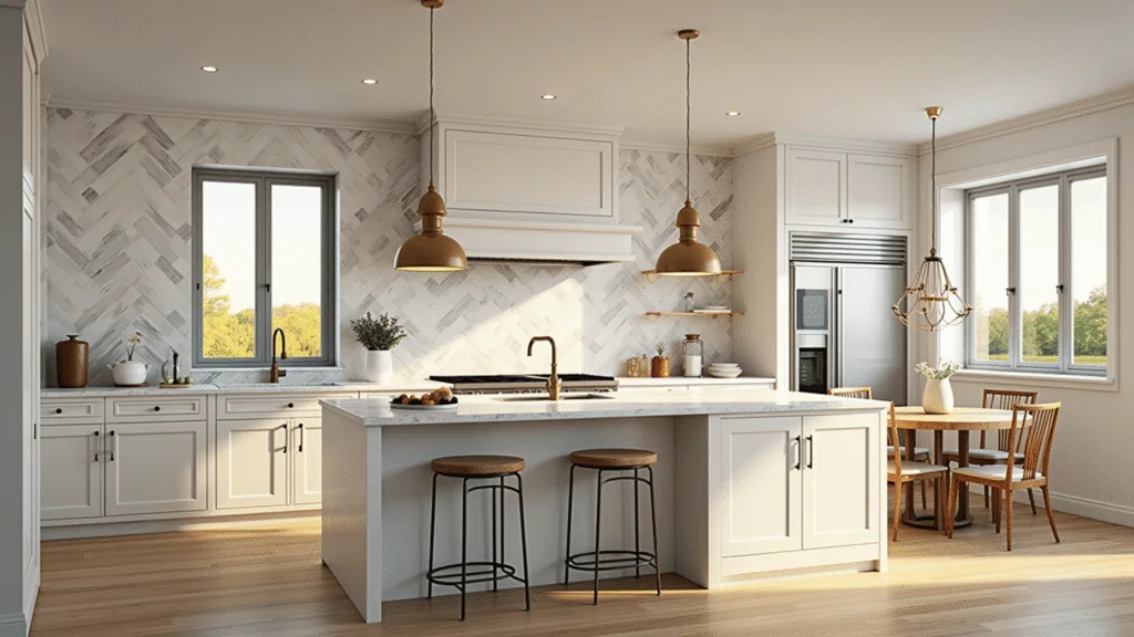 "Elegant off-white kitchen with marble countertops, brass pendant lights, and warm sunlight casting shadows on oak floors"