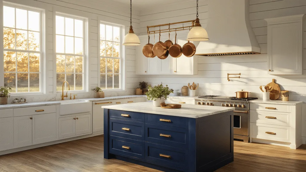 "Sunlit farmhouse kitchen with white shiplap walls, brass hardware, navy blue island with copper pots, marble countertops, and oak wood floors during golden hour"