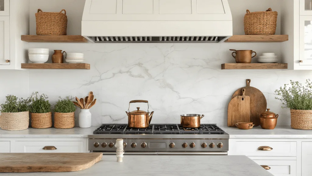 "White shaker cabinets and marble countertops in a farmhouse kitchen, adorned with rustic wooden cutting boards, copper pots, ceramic vessels, and sage herbs in woven baskets, bathed in warm golden hour light."