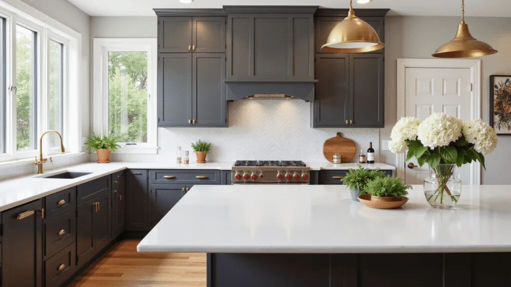 "Luxurious kitchen with Iron Ore cabinets, white quartz waterfall countertops, and brass pendant lights, styled with herbs in terracotta pots, a wooden cutting board, and white hydrangeas in a vase, backed by a marble herringbone backsplash"