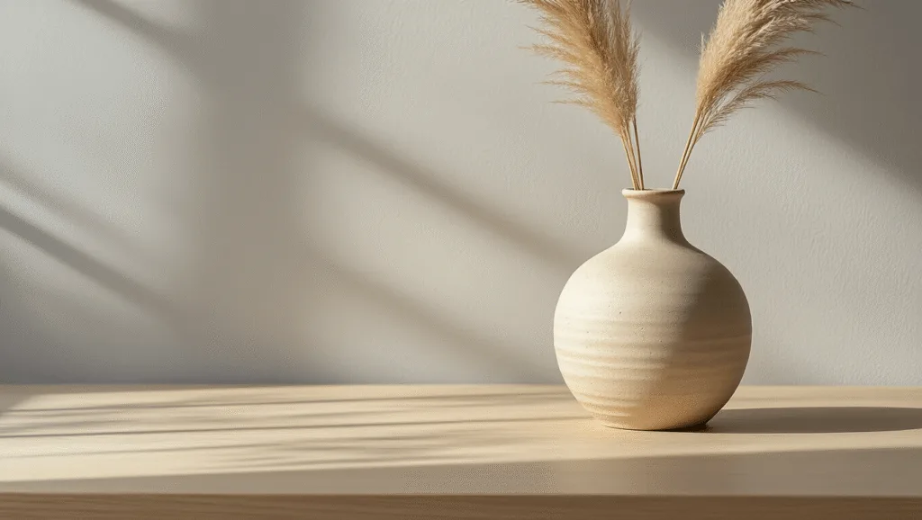 "Minimalist Japandi ceramic vase in neutral tones on oak surface with dried pampas grass stem, against a light grey background"