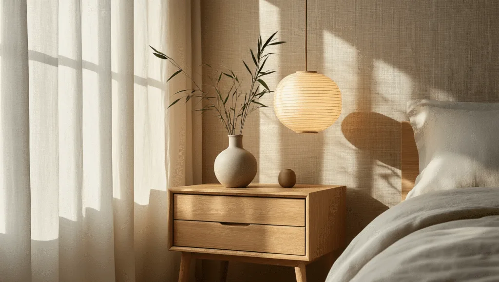 "Minimalist Japandi oak nightstand with a ceramic vase of fresh bamboo, spherical paper lamp, and natural light filtering through linen curtains in a serene bedroom with bamboo accents and warm toned zen atmosphere."