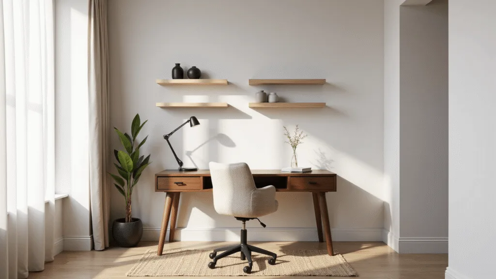 "Minimalist Japandi-style home office with wooden desk, floating ash shelves, and ergonomic chair bathed in natural light."