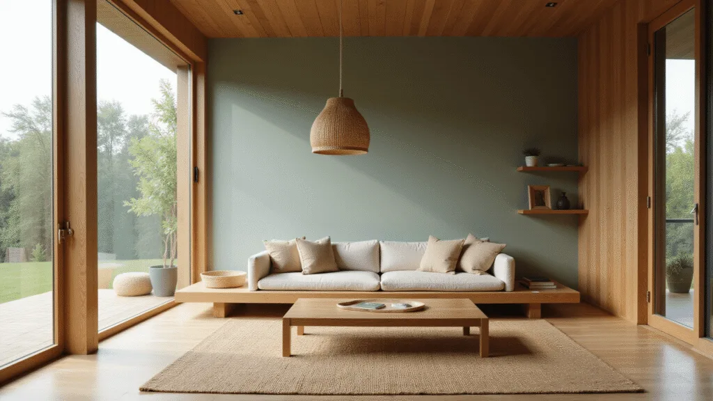 "Minimalist Japandi-style living room with oak sofa, bamboo pendant light, sage green wall, and large windows"