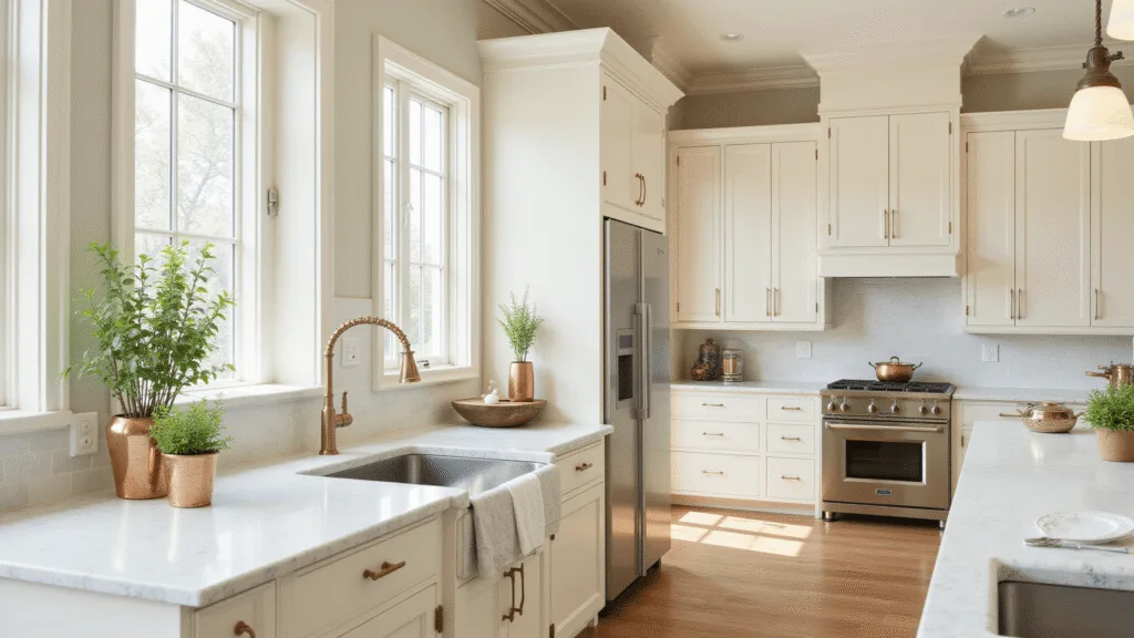 "Bright kitchen with cream shaker-style cabinets, white marble island, brass hardware, natural sunlight, and fresh herbs in copper pots."
