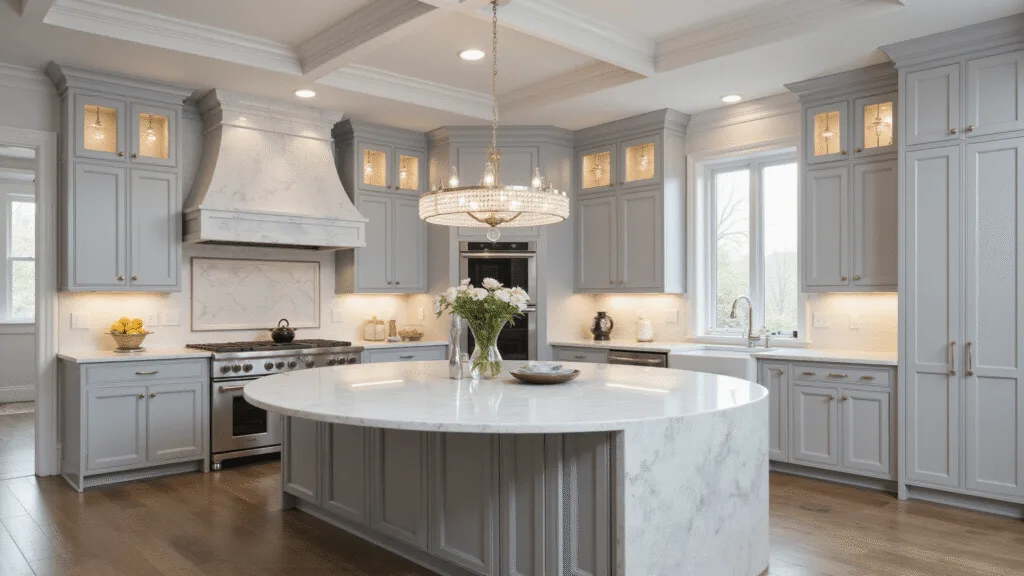 "Luxurious grey kitchen with Calacatta marble backsplash, crystal chandelier, and coffered ceilings in soft ambient light"