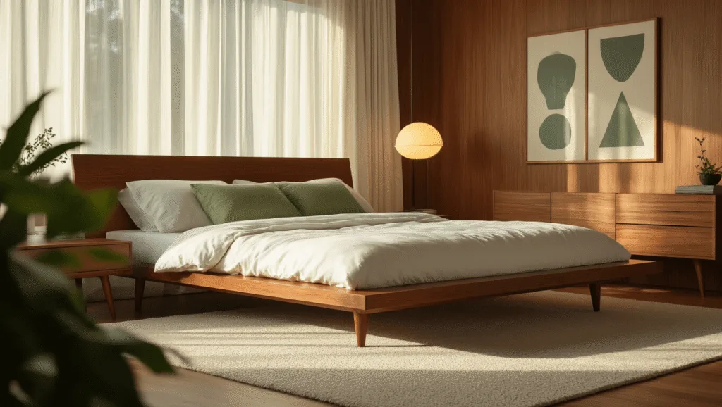 "Mid-century modern bedroom with walnut platform bed, sage green pillows, white linen bedding and a Noguchi lamp, bathed in warm morning light"