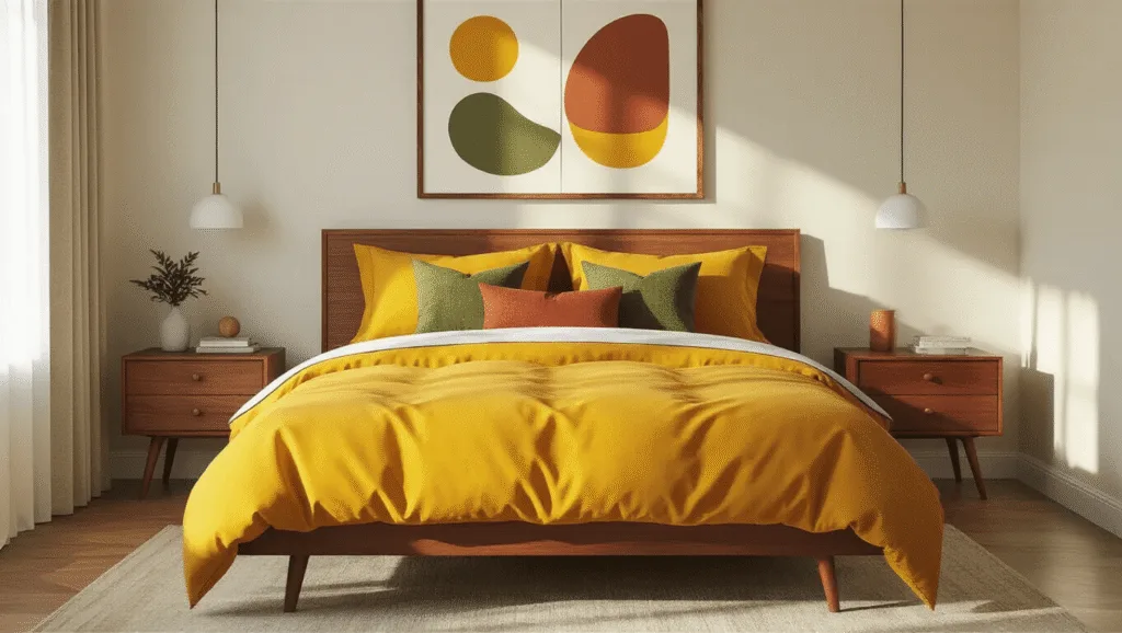 "Sunlit mid-century modern bedroom with mustard yellow duvet, walnut nightstands, abstract art and geometric pillows"