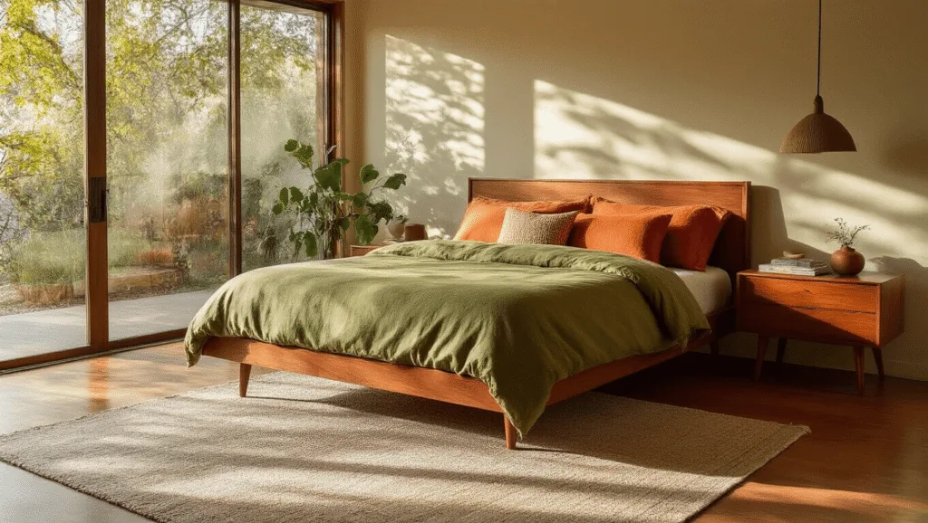"Sunlit mid-century modern bedroom with olive green and terracotta bedding on walnut platform bed, featuring geometric throw pillows and vintage decor"