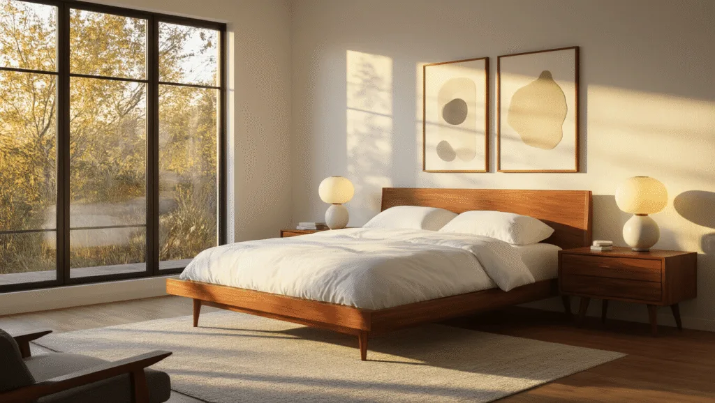 "Mid-century modern bedroom with walnut platform bed, white linens, and minimal decor bathed in warm sunset light"