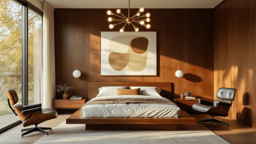 "Mid-century modern bedroom with walnut platform bed, teak wall panels, brass Sputnik chandelier, and large abstract art in warm afternoon light"