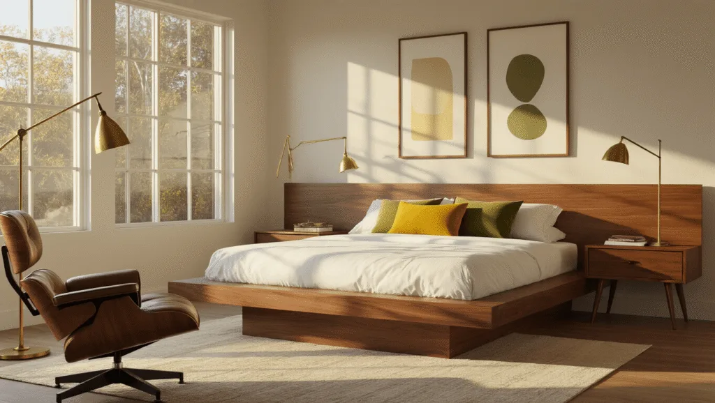 "Mid-century modern bedroom with walnut platform bed, white linens, mustard yellow and olive green pillows, vintage brass lamp, and cognac leather Eames chair in warm golden hour light"