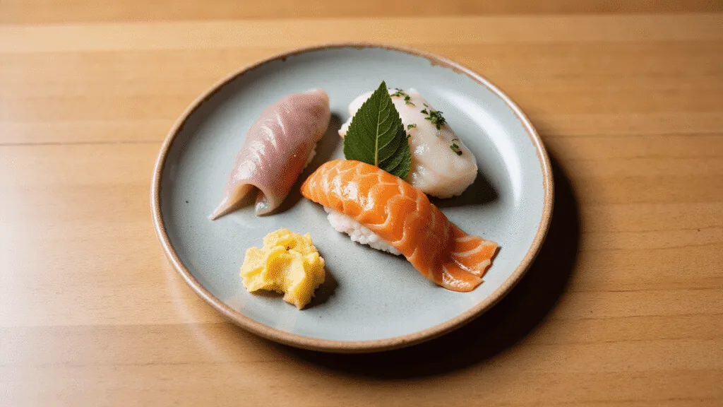 "Sushi platter with tuna, salmon, and yellowtail on artisan ceramic plates embodying wabi-sabi aesthetic"