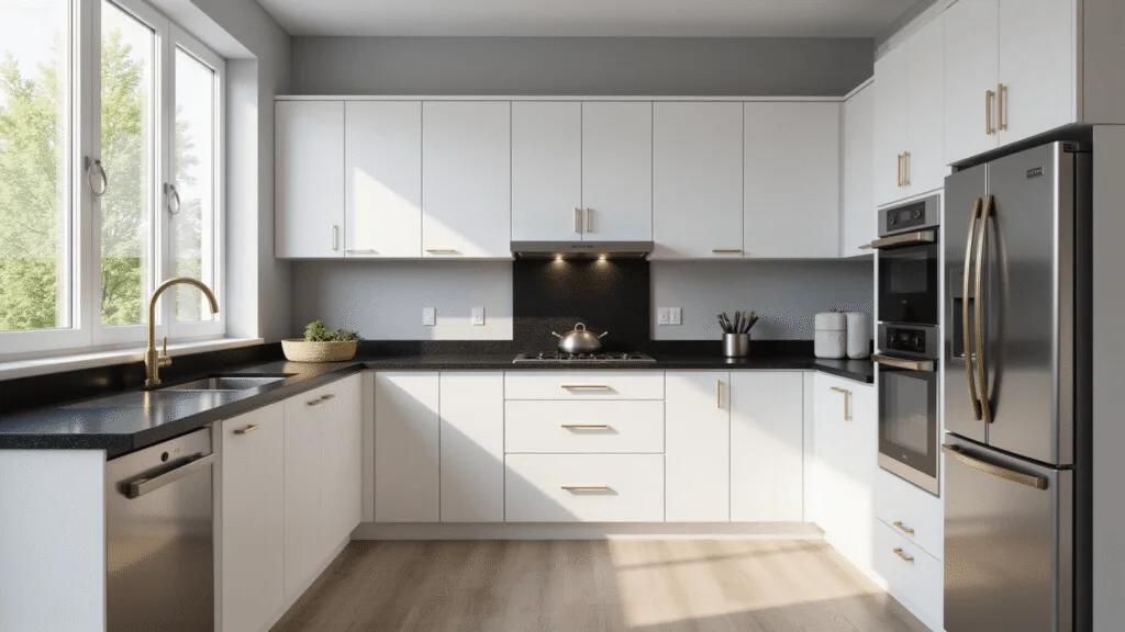 "Modern kitchen with pearl white aluminum cabinets, black granite countertops, and stainless steel appliances, bathed in natural morning light"