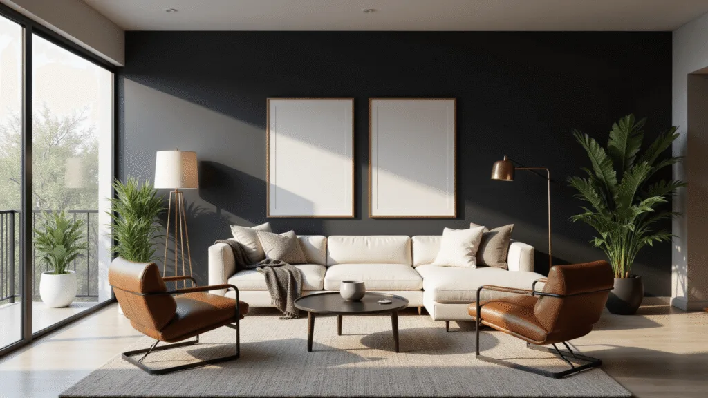 "Modern sophisticated living room with black accent wall, cream sectional sofa, and cognac leather chairs, lit by natural sunlight from large windows"