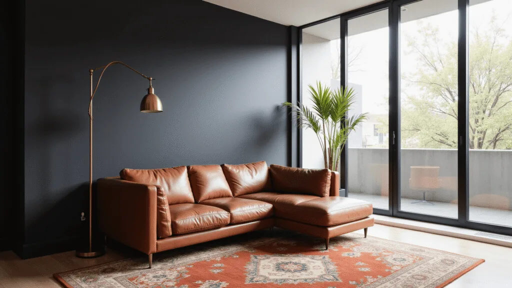 "Modern living room with a black accent wall, brown leather sectional, brass floor lamp, natural sunlight through floor-to-ceiling windows, and vintage Persian rugs"
