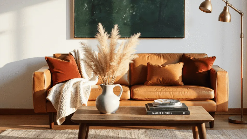 "Modern living room with mid-century furniture and warm fall décor, bathed in golden hour sunlight"