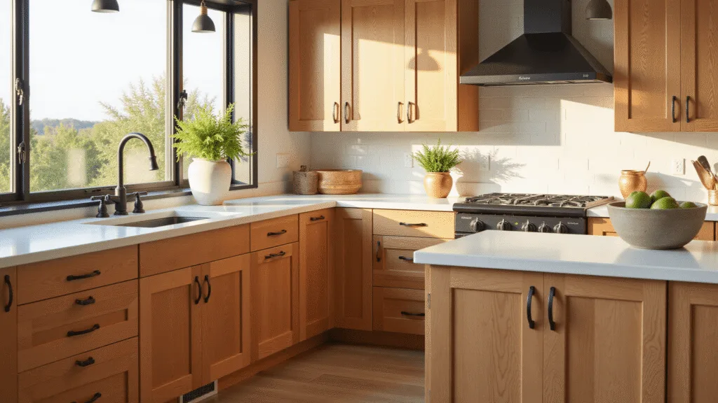 "Modern farmhouse kitchen with hickory cabinets, black hardware, white quartz countertops, copper accents and natural sunlight creating warm tones"