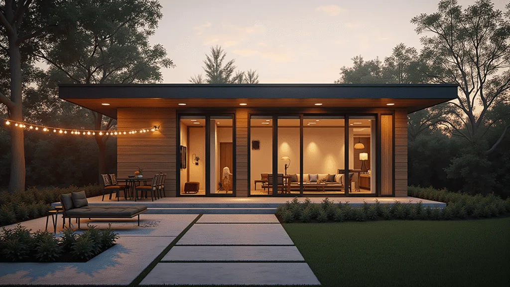 "Modern backyard guest house at sunset with large windows, wood siding, and lush landscaping"