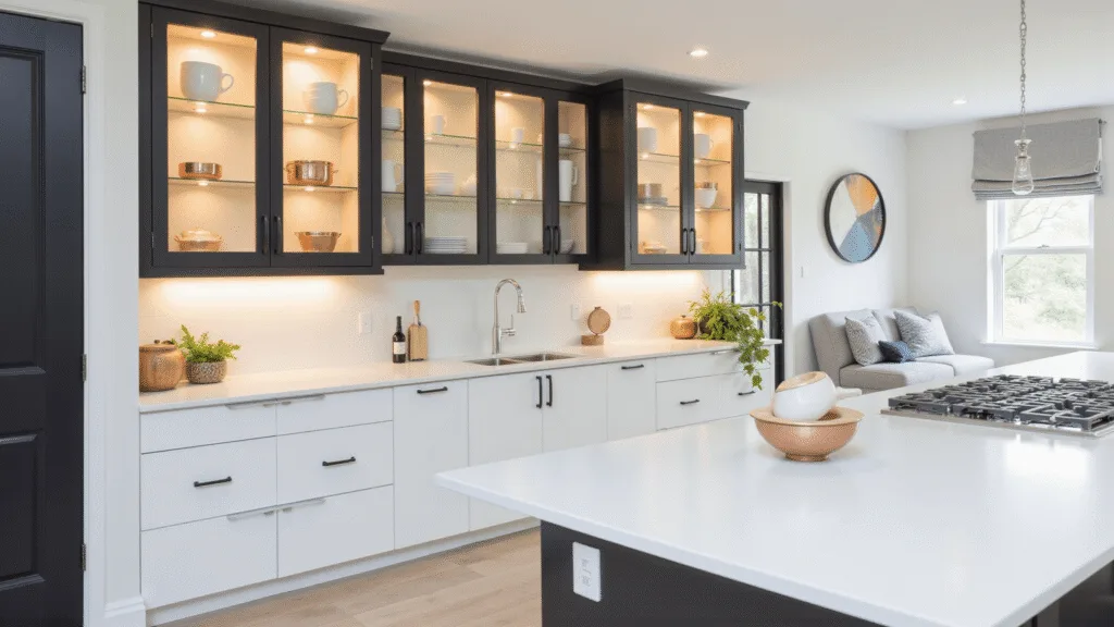 "Modern Scandinavian kitchen with glass-front cabinets, white porcelain and copper cookware, white quartz countertops, and matte black hardware, all backlit with warm LED lighting"