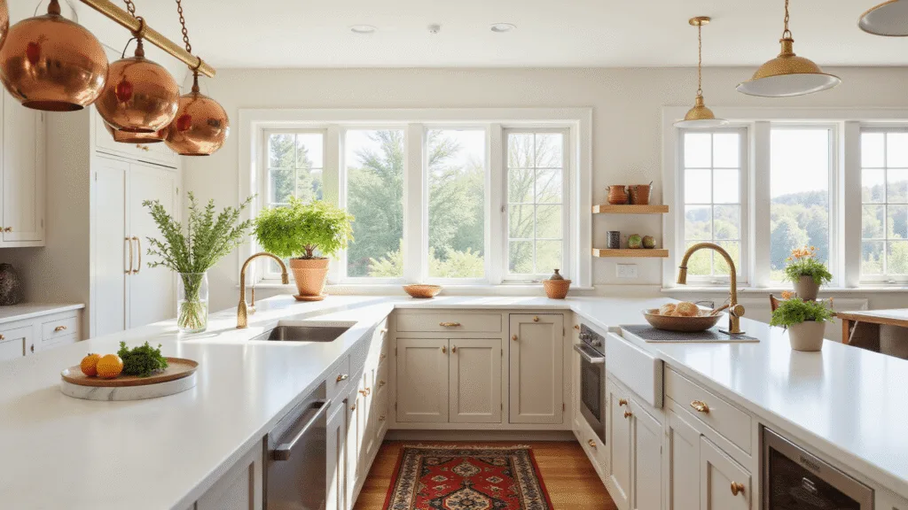 "Modern greige kitchen with quartz countertops and brass hardware, bathed in warm afternoon sunlight"