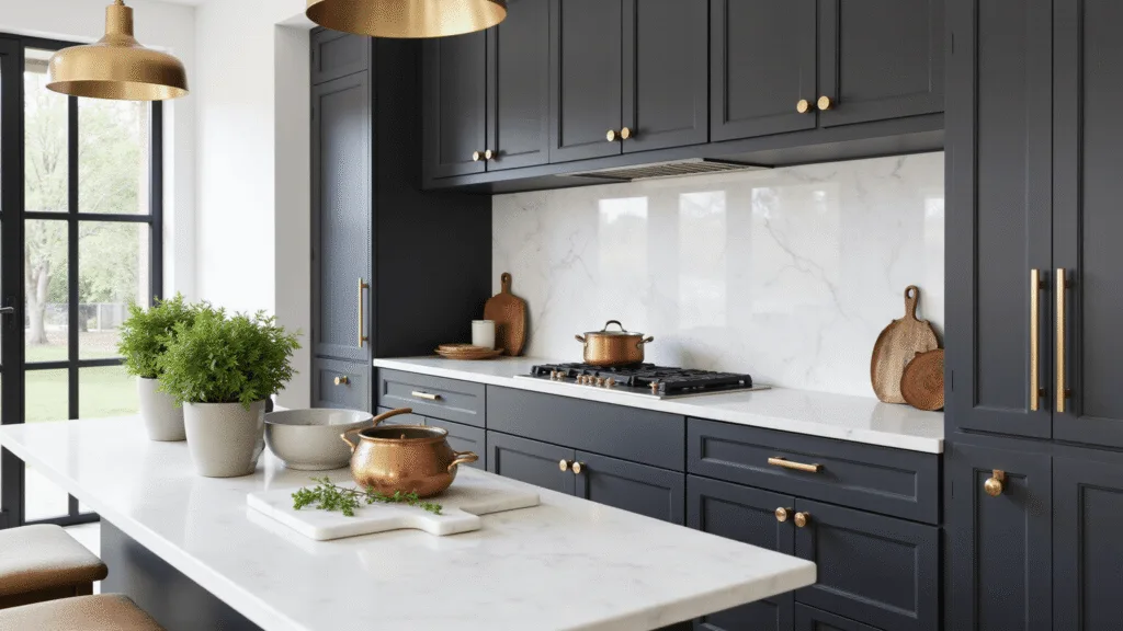 "Modern luxury kitchen with dark grey cabinets, white marble countertops, brass hardware, and pendant lights"