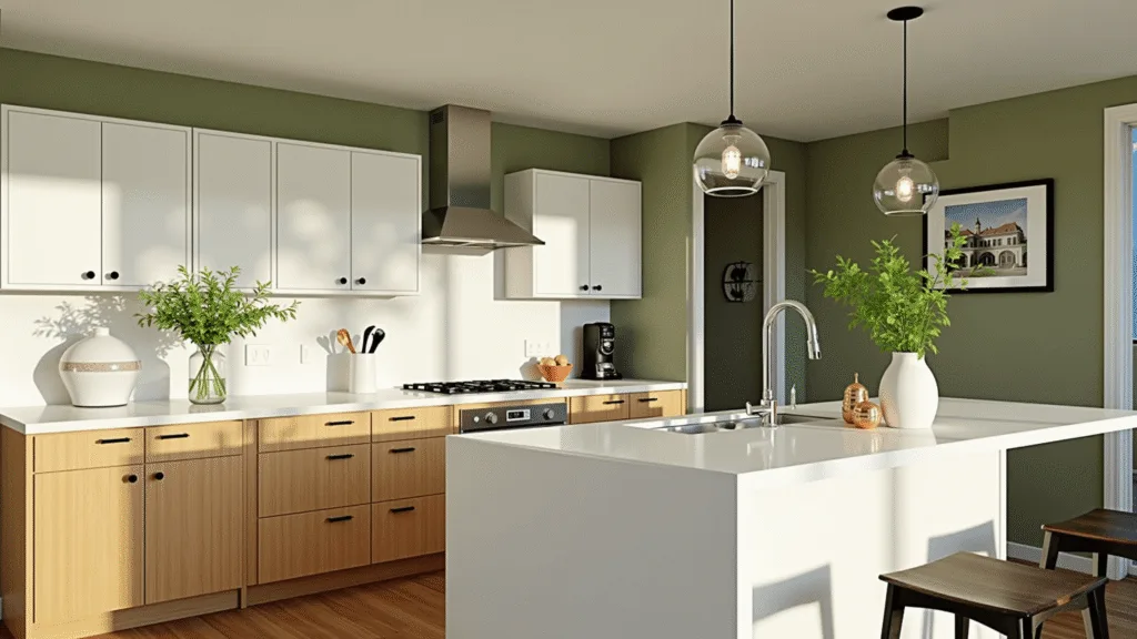 "Sunlit modern kitchen interior with honey oak cabinets, white quartz countertops, sage green walls, and glass pendant lights"
