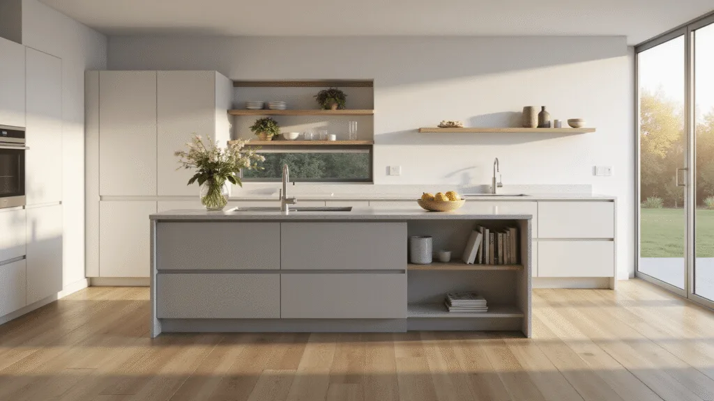 "Modern IKEA kitchen with white SEKTION cabinets, matte gray fronts, quartz island, and natural oak flooring bathed in golden hour sunlight"