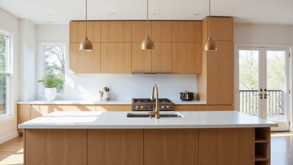 "Modern kitchen with maple cabinets, white quartz countertops, brass pendant lights, and sunlit interior"
