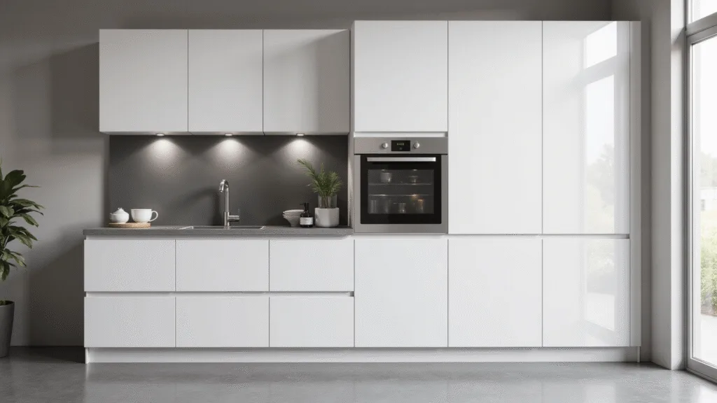 "Modern minimalist kitchen with handleless white cabinets, dove grey quartz countertops, integrated appliances and LED lighting illuminated by natural morning light through large windows"