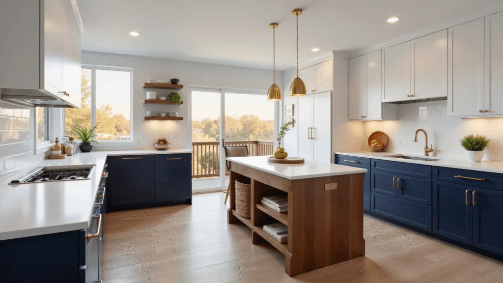 "Modern kitchen with navy and white cabinets, walnut island, quartz counters, and gold hardware during golden hour"